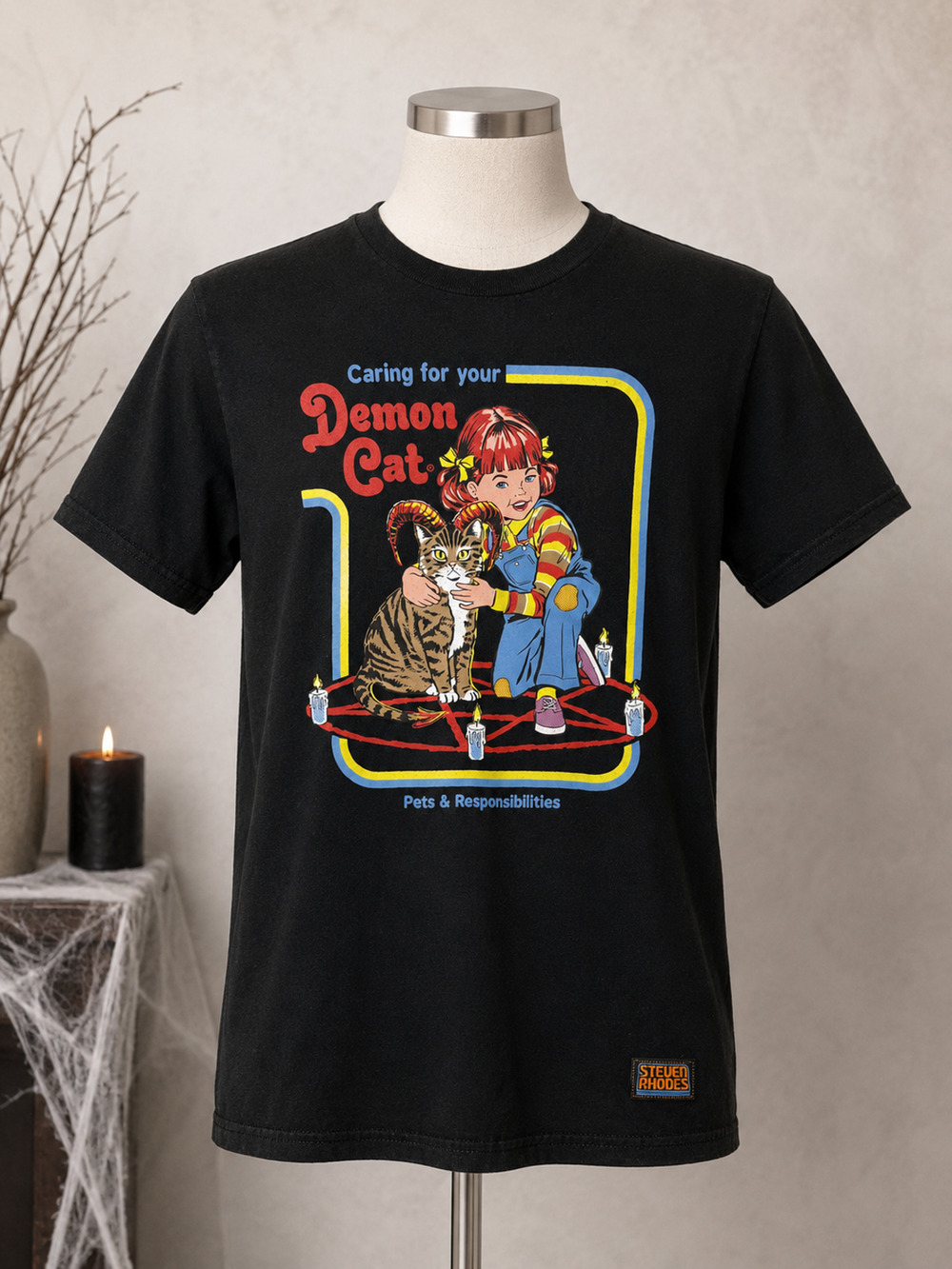 Steven Rhodes T-Shirt Unisex S Black Caring for Your Demon Cat Graphic NWOT